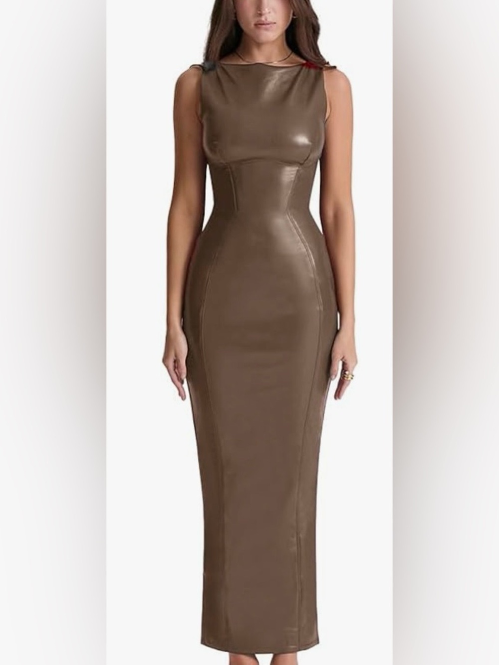 Sleek Brown Faux-Leather Sheath Dress